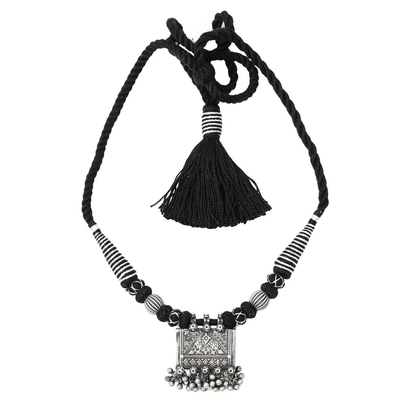 Taveez Handcrafted Silver Necklace with Stamping & Threadwork – Bohemian Elegance
