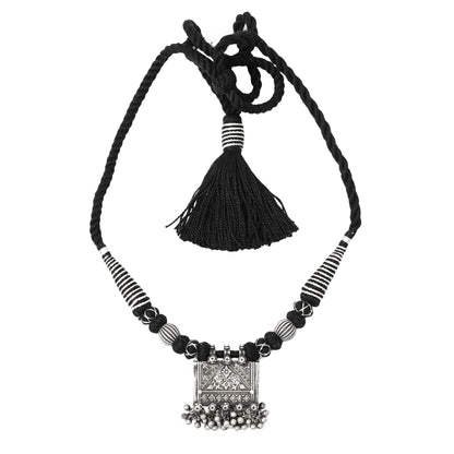 Taveez Handcrafted Silver Necklace with Stamping & Threadwork – Bohemian Elegance