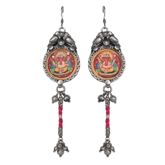 Rangeela Handpainted Silver Dangler Earrings with Ghungroos and Pink Threadwork