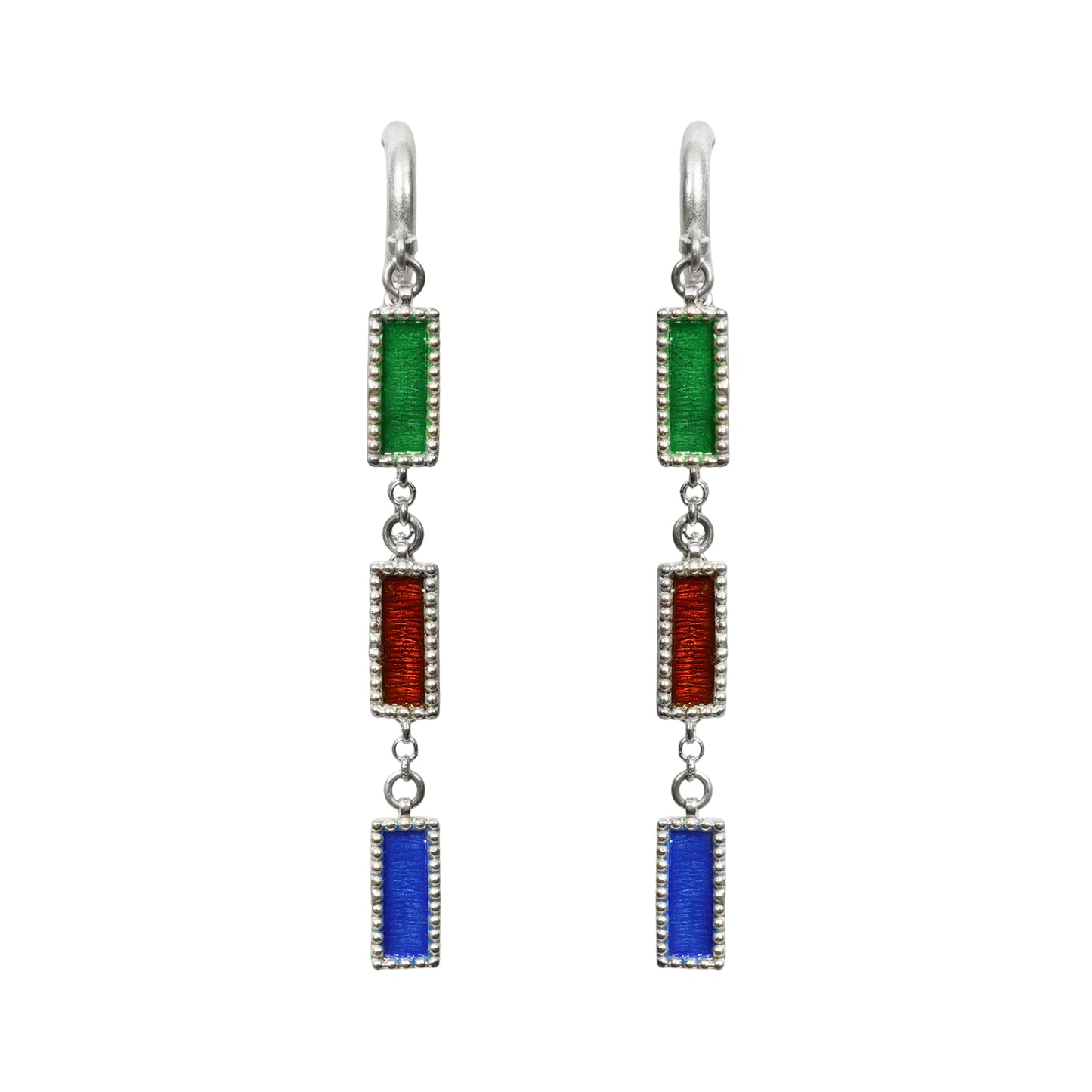 Sheesh Mahal Handcrafted Silver Danglers – 3-Layer Earrings with Meenakari & Silver Chains