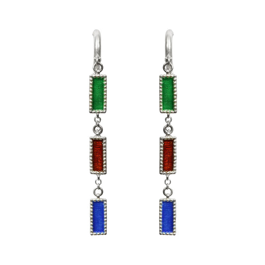 Sheesh Mahal Handcrafted Silver Danglers – 3-Layer Earrings with Meenakari & Silver Chains