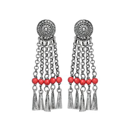 Devi Stamped Silver Earrings with Coral Beads and Handcrafted Silver Ends