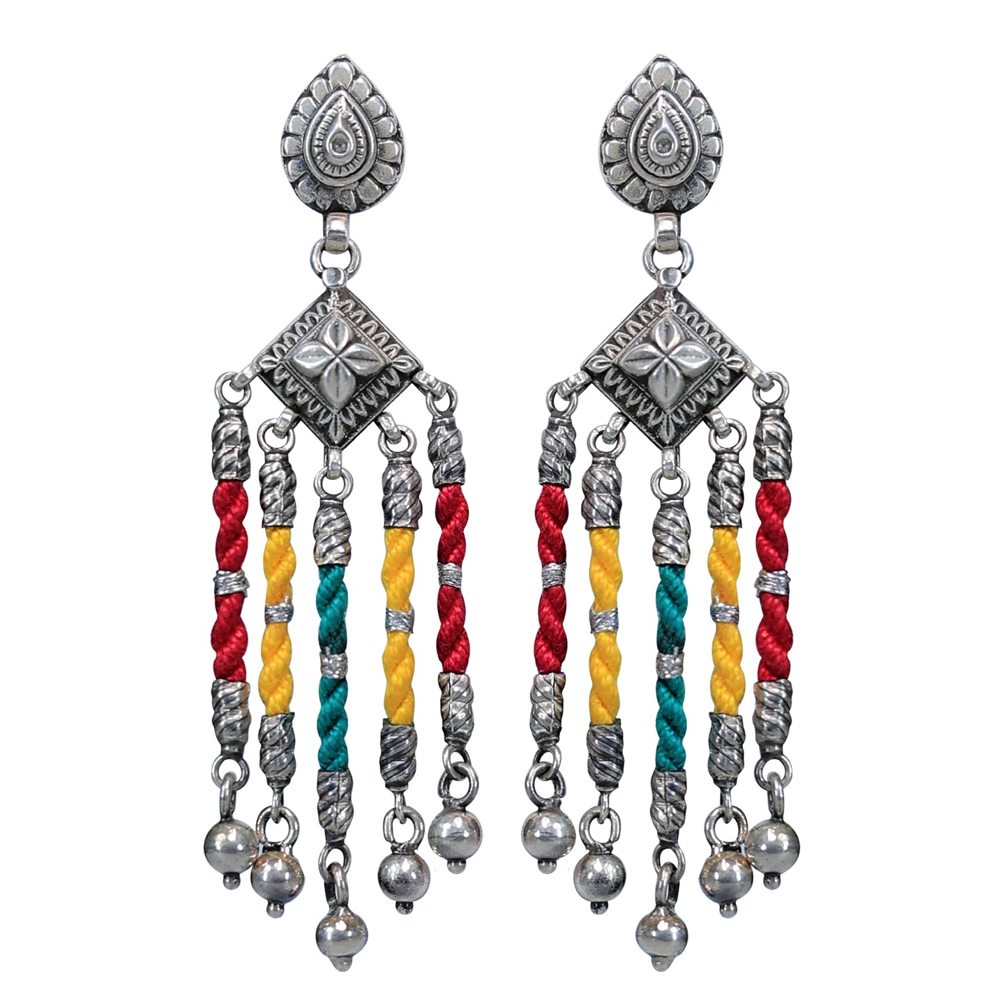 Rangeela Multi-Coloured Threadwork Silver Dangler Earrings with Ghungroos