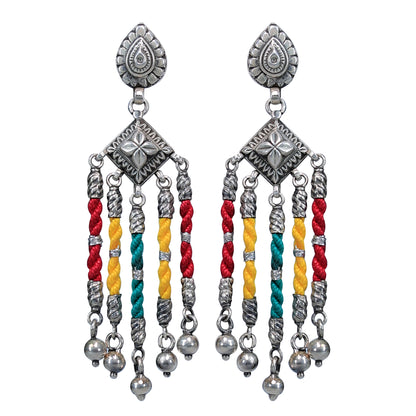 Rangeela Multi-Coloured Threadwork Silver Dangler Earrings with Ghungroos