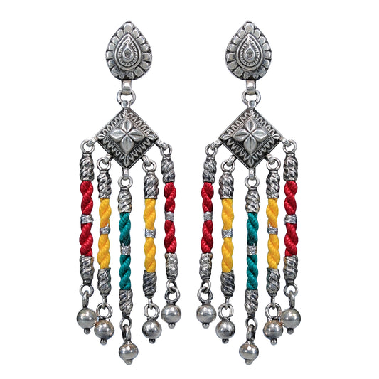 Rangeela Multi-Coloured Threadwork Silver Dangler Earrings with Ghungroos