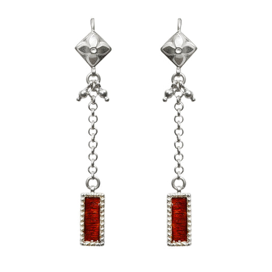 Sheesh Mahal Handcrafted Silver Earrings – Stamped Design with Ghungroos, Silver Chains & Red Meenakari