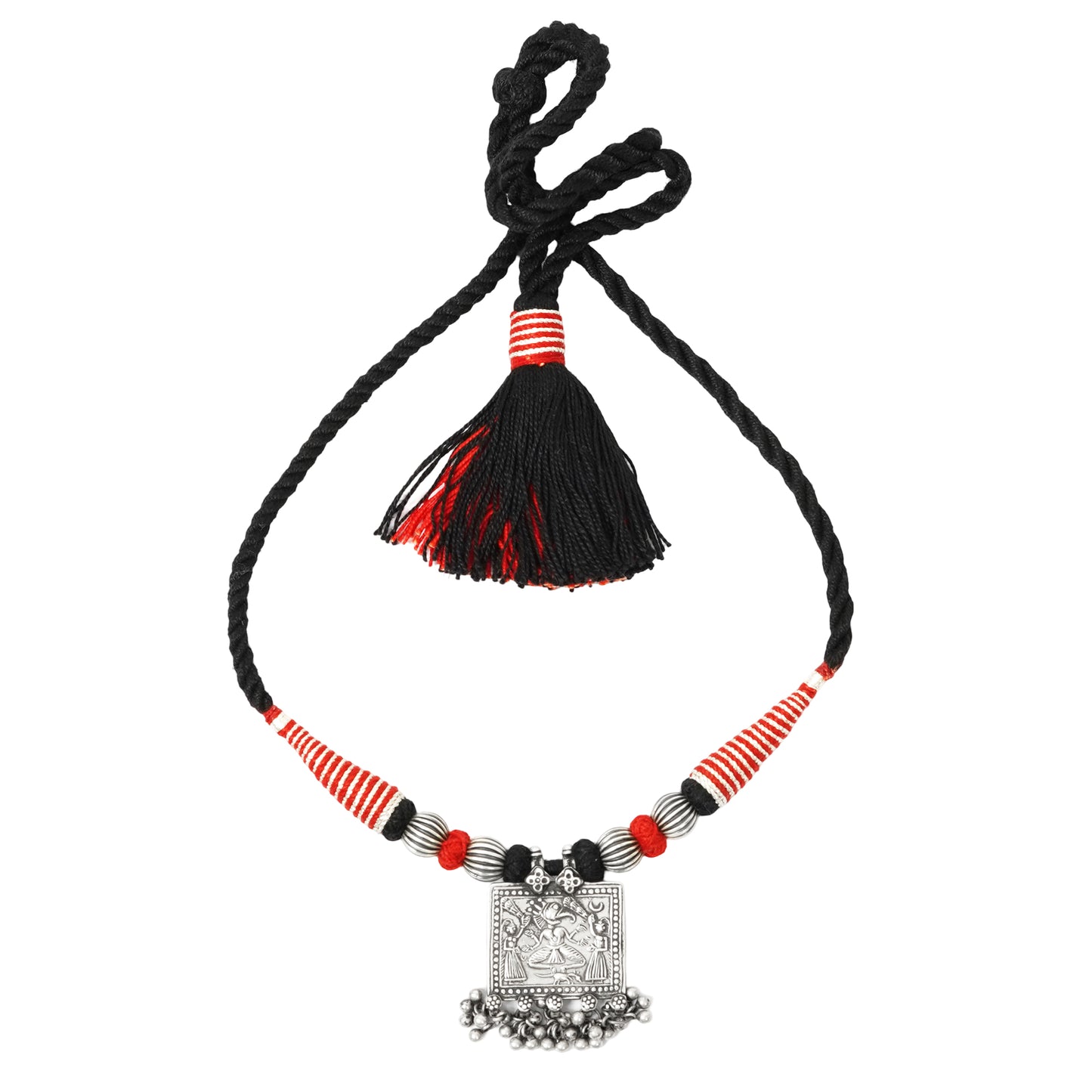 Taveez Handcrafted Silver Necklace with Stamping, Ghungroos & Bandhai Threadwork
