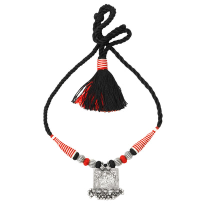 Taveez Handcrafted Silver Necklace with Stamping, Ghungroos & Bandhai Threadwork