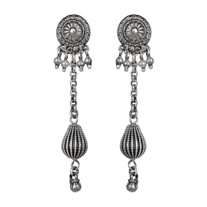 Devi Stamped Silver Earrings with Ghungroos and Handcrafted Silver Beads
