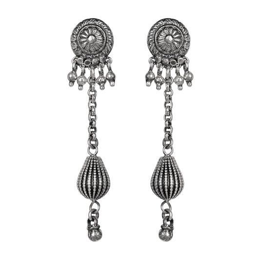 Devi Stamped Silver Earrings with Ghungroos and Handcrafted Silver Beads