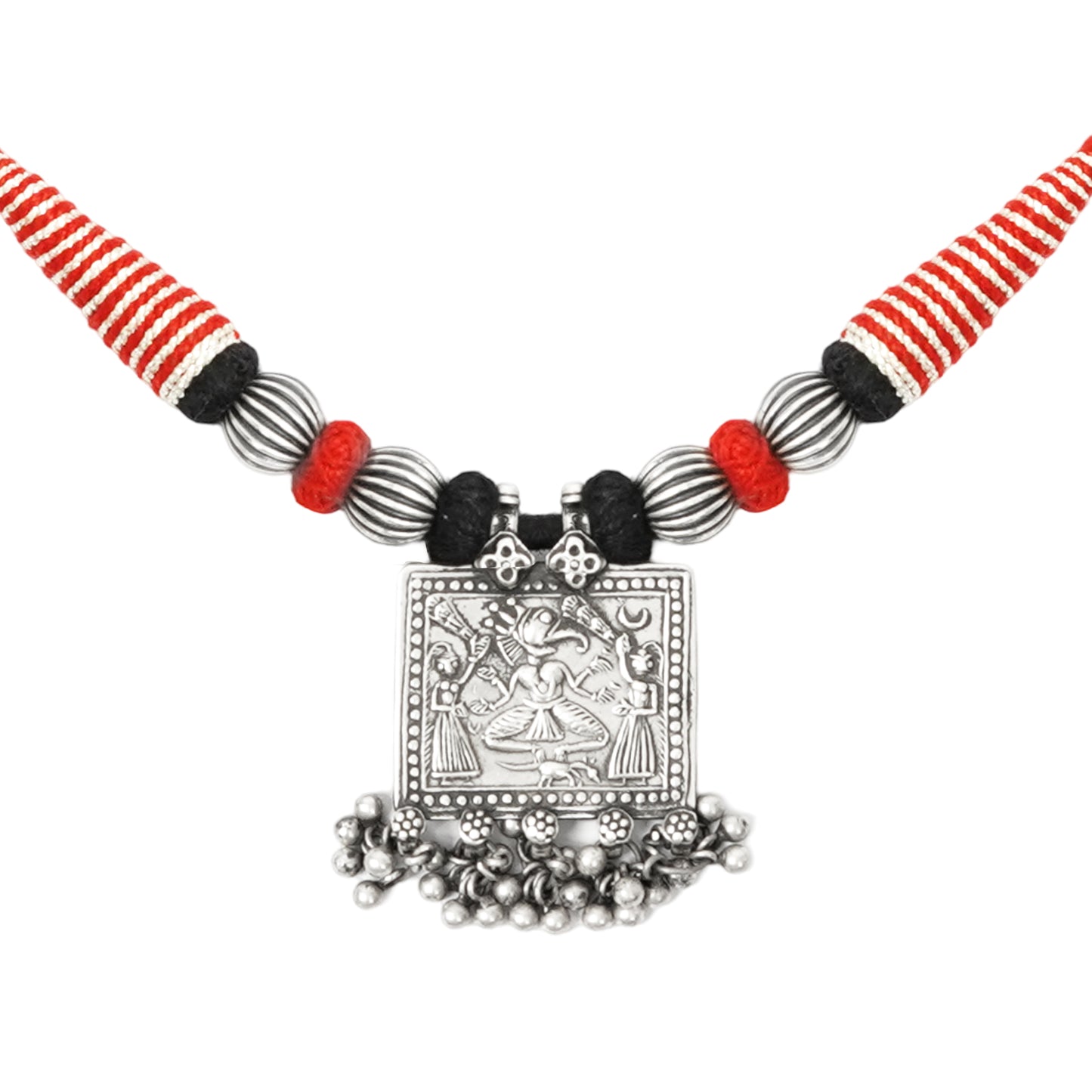 Taveez Handcrafted Silver Necklace with Stamping, Ghungroos & Bandhai Threadwork