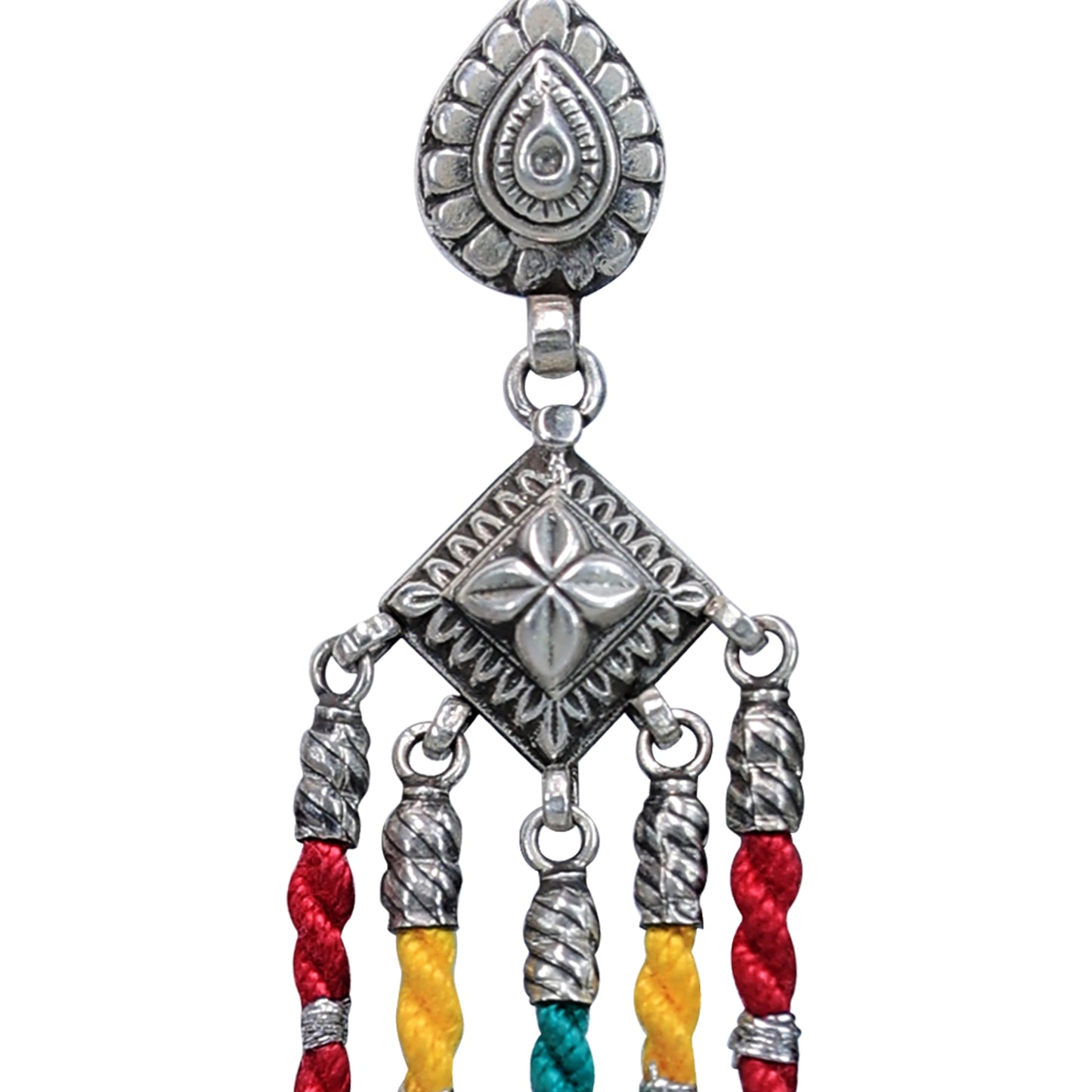 Rangeela Multi-Coloured Threadwork Silver Dangler Earrings with Ghungroos