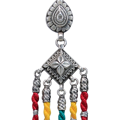 Rangeela Multi-Coloured Threadwork Silver Dangler Earrings with Ghungroos