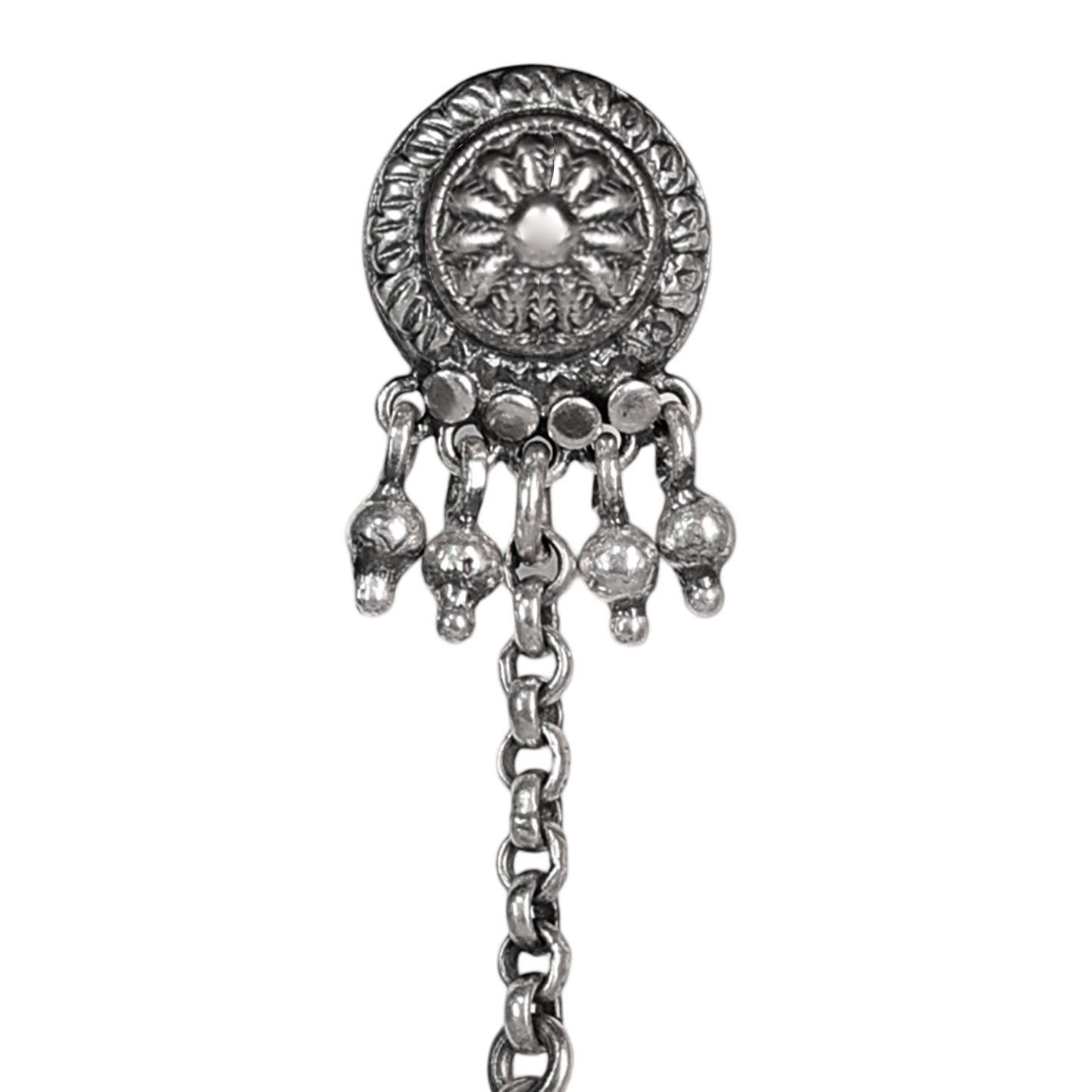 Devi Stamped Silver Earrings with Ghungroos and Handcrafted Silver Beads