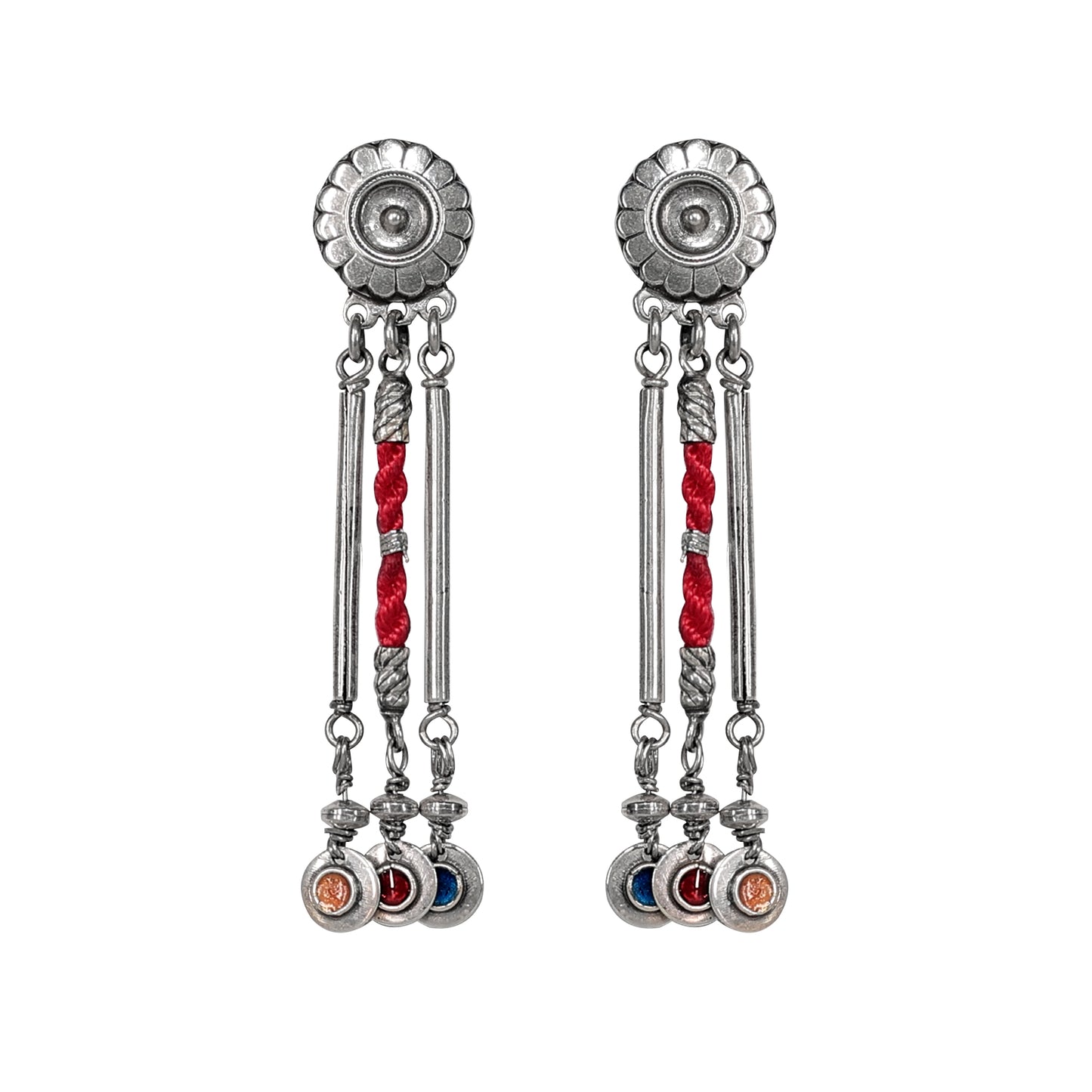 Rangeela Meenakari Silver Dangler Earrings with Pink Threadwork and Silver Tubes