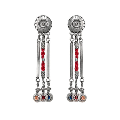 Rangeela Meenakari Silver Dangler Earrings with Pink Threadwork and Silver Tubes