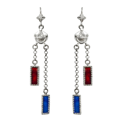 Sheesh Mahal Handcrafted Silver Earrings – Stamped Design with Silver Chains & Red-Blue Meenakari