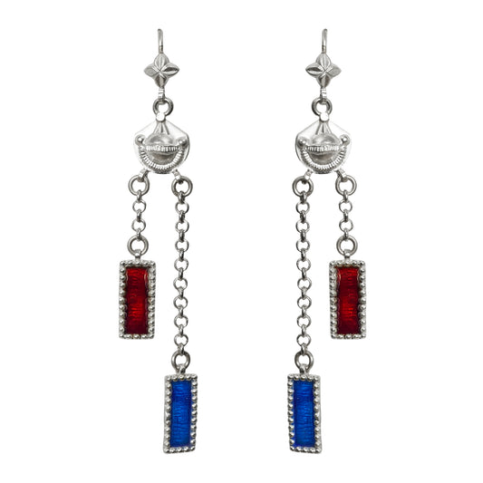 Sheesh Mahal Handcrafted Silver Earrings – Stamped Design with Silver Chains & Red-Blue Meenakari
