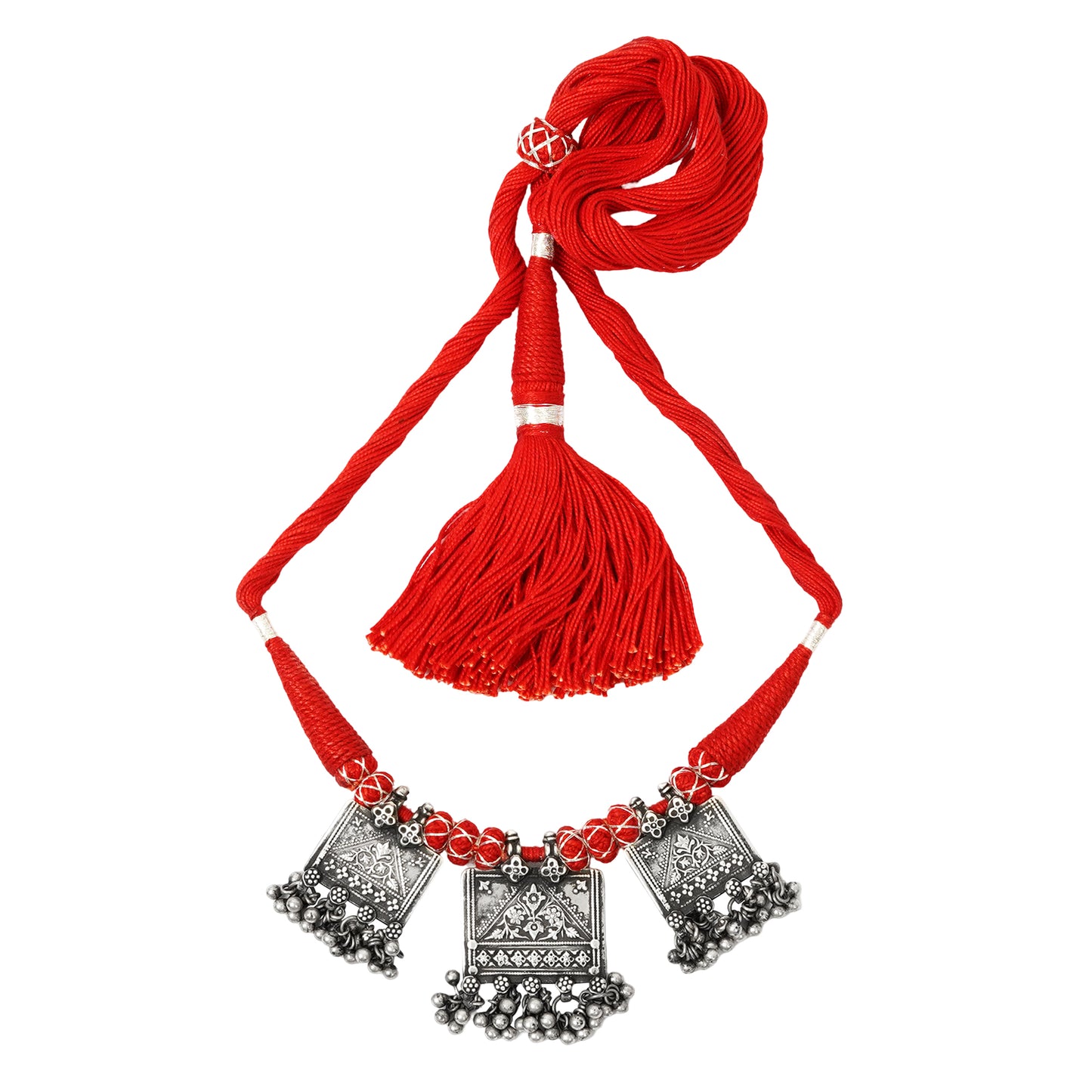 Taveez Handcrafted Silver Necklace with Stamping, Ghungroos & Bandhai Threadwork