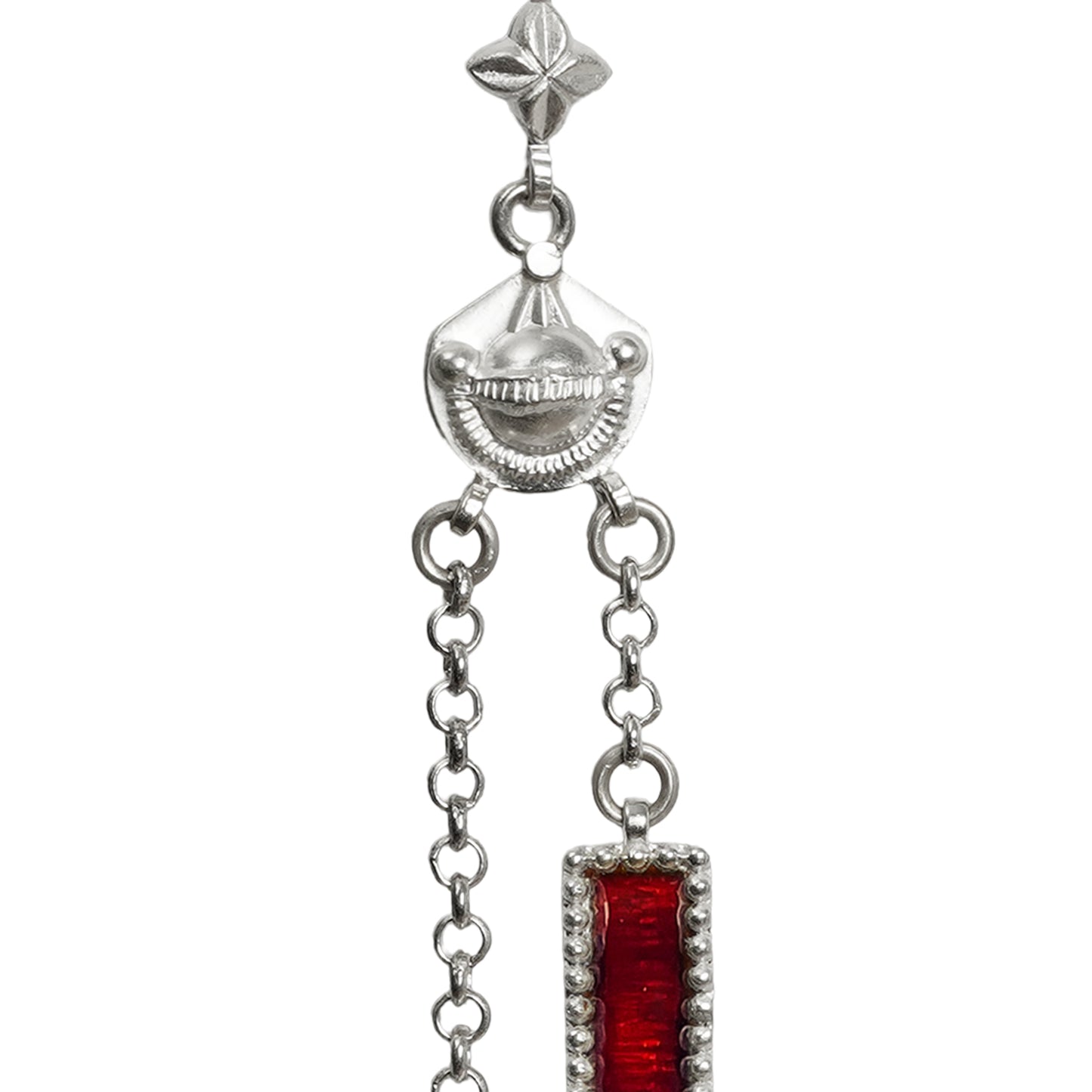 Sheesh Mahal Handcrafted Silver Earrings – Stamped Design with Silver Chains & Red-Blue Meenakari