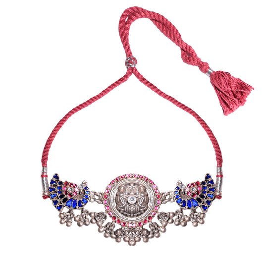 Phulwari Chitai Repousse Necklace with Silver Ghungroos & Glass Setting wth Adjustable Drawstring Closure