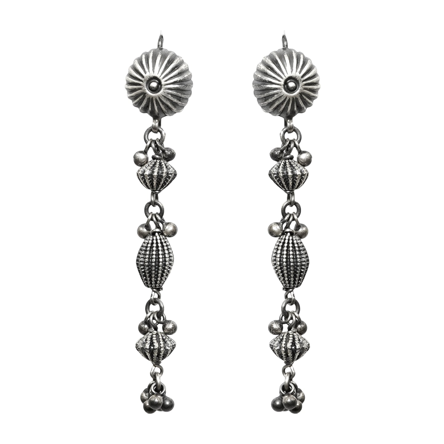 Rangeela Handmade Silver Earrings with Stamping, Handcrafted Beads & Ghungroos