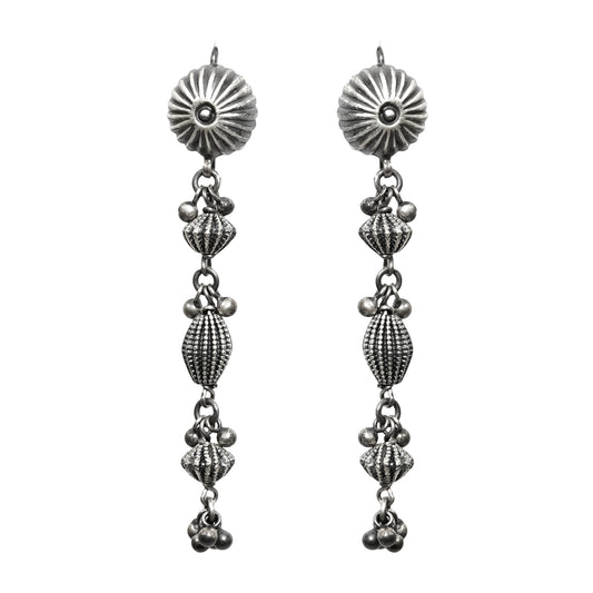 Rangeela Handmade Silver Earrings with Stamping, Handcrafted Beads & Ghungroos