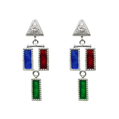Sheesh Mahal Handcrafted Silver Earrings – 3-Layer Stamped Design with Multicolored Meenakari & Silver Hooks