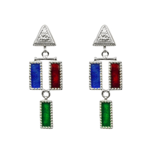 Sheesh Mahal Handcrafted Silver Earrings – 3-Layer Stamped Design with Multicolored Meenakari & Silver Hooks