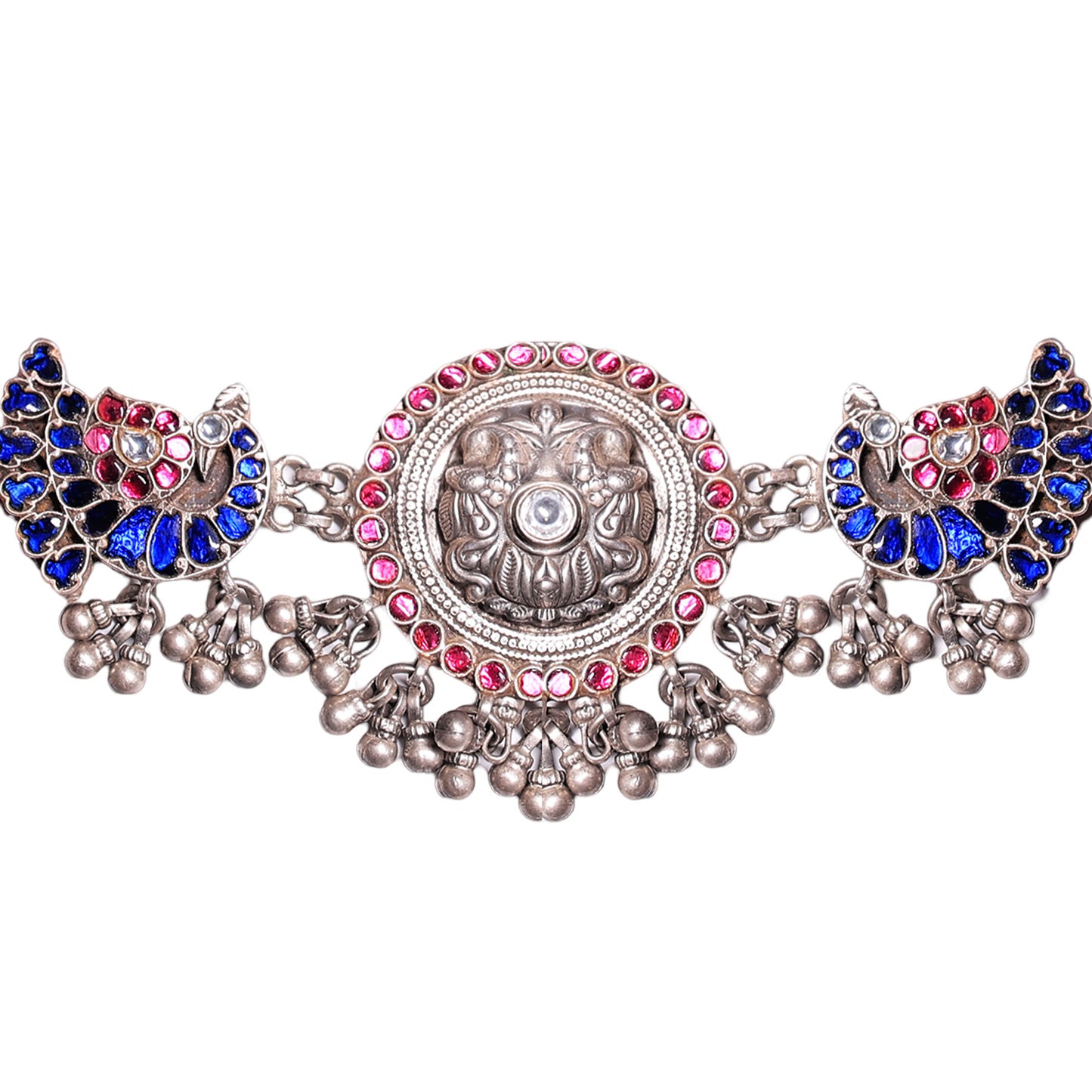 Phulwari Chitai Repousse Necklace with Silver Ghungroos & Glass Setting wth Adjustable Drawstring Closure