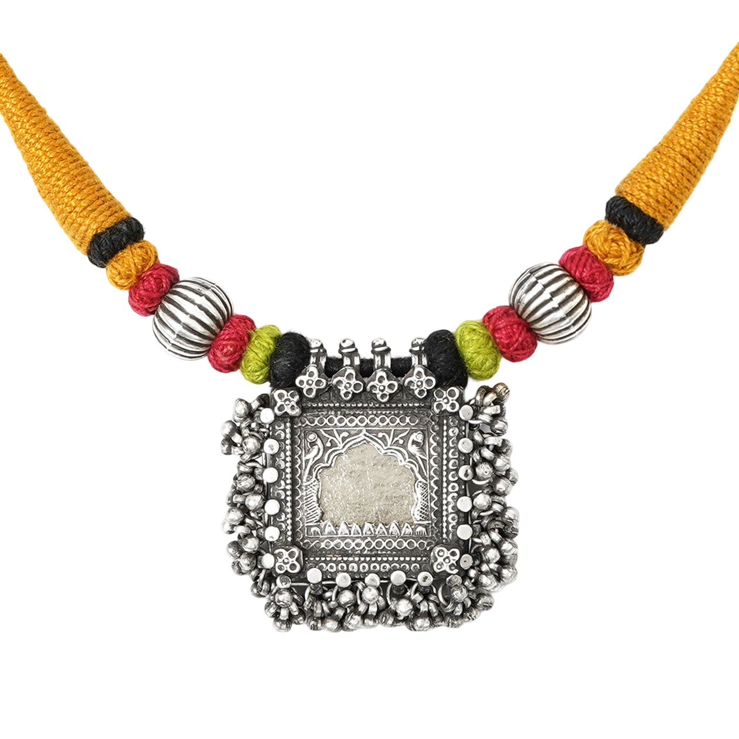 Taveez Handcrafted Silver Necklace with Stamping, Bandhai Threadwork & Gold-Foiled Glass