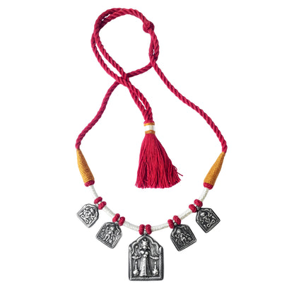 Devi Stamped Silver Amulet Necklace with Bandhai Threadwork