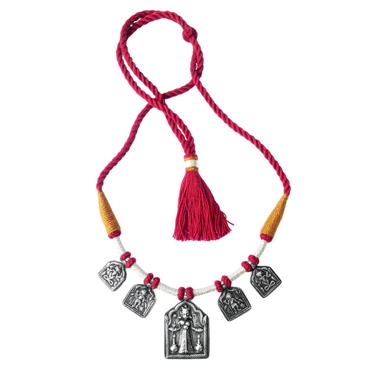 Devi Stamped Silver Amulet Necklace with Bandhai Threadwork
