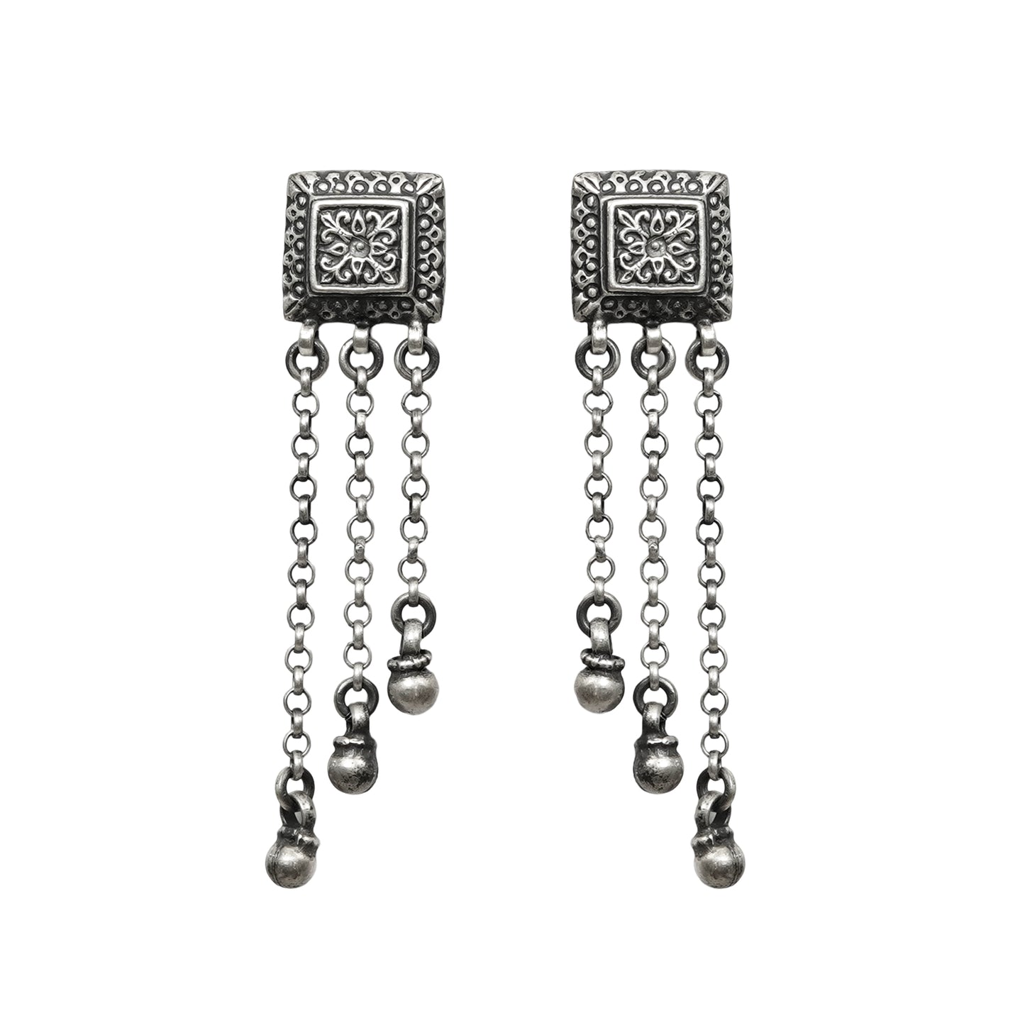 Taveez Handcrafted Stamped Silver Earrings with Chains & Ghungroos