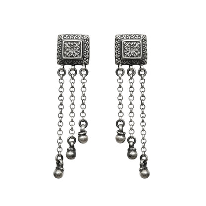 Taveez Handcrafted Stamped Silver Earrings with Chains & Ghungroos