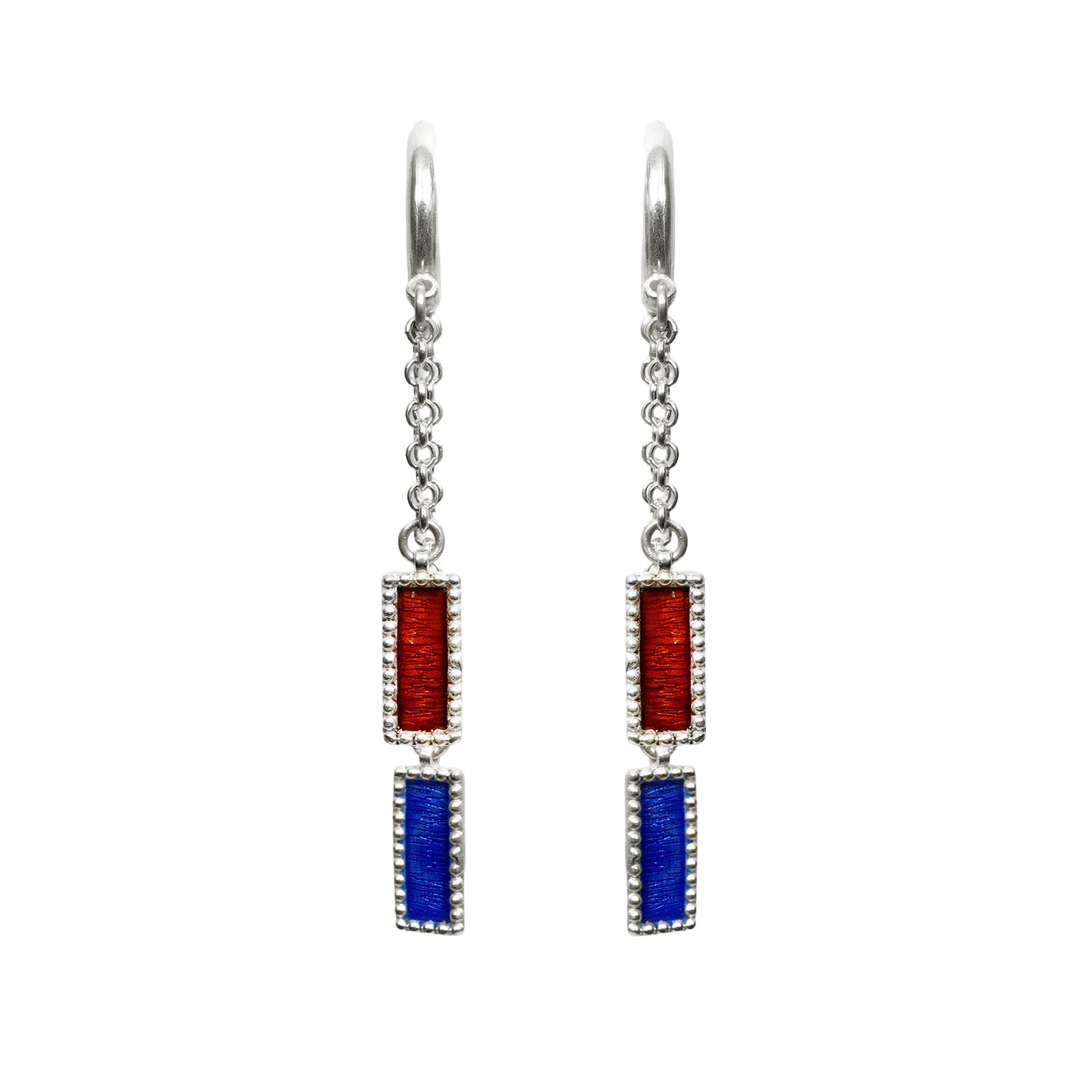 Sheesh Mahal Handcrafted Silver Danglers – 2-Layer Design with Red & Blue Meenakari and Silver Chains