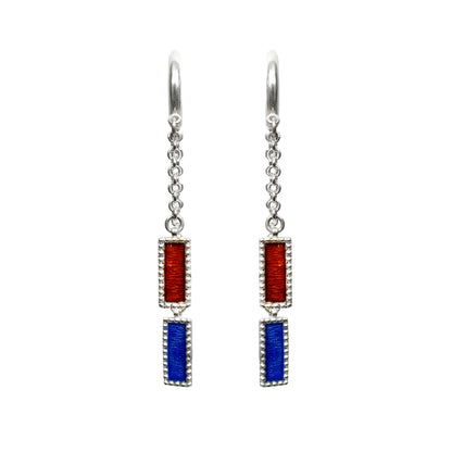Sheesh Mahal Handcrafted Silver Danglers – 2-Layer Design with Red & Blue Meenakari and Silver Chains