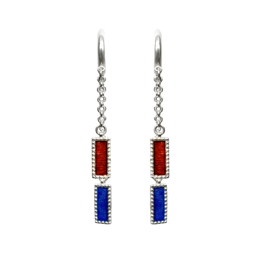 Sheesh Mahal Handcrafted Silver Danglers – 2-Layer Design with Red & Blue Meenakari and Silver Chains