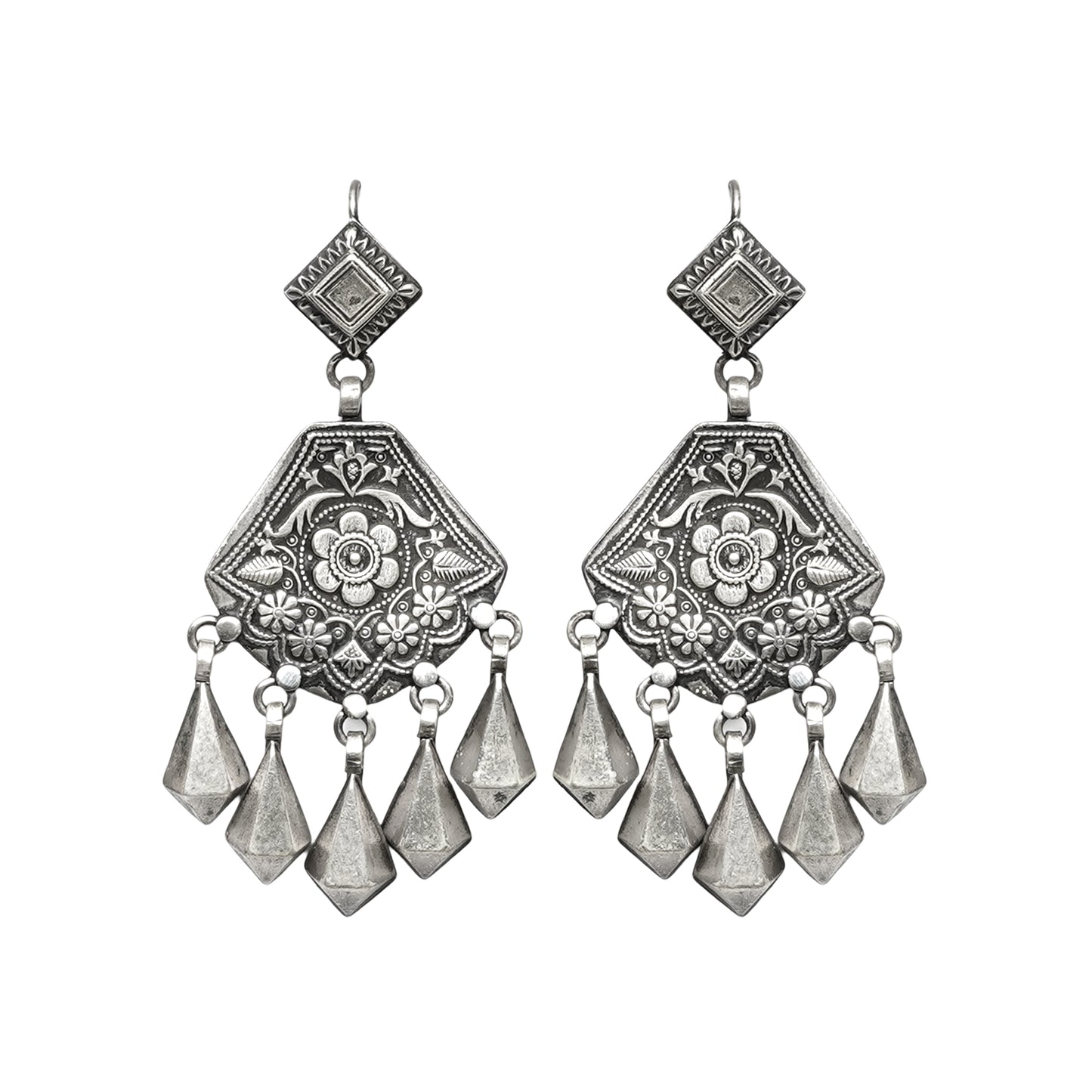 Rangeela Handcrafted Silver Earrings – Stamped Design, Hook Closure, Ethnic Boho Jewelry