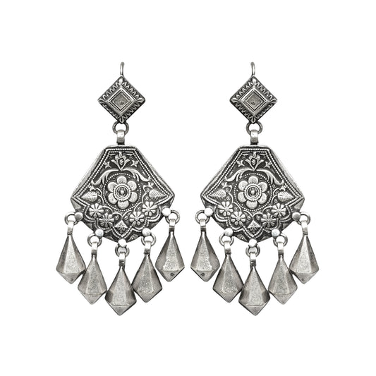 Rangeela Handcrafted Silver Earrings – Stamped Design, Hook Closure, Ethnic Boho Jewelry