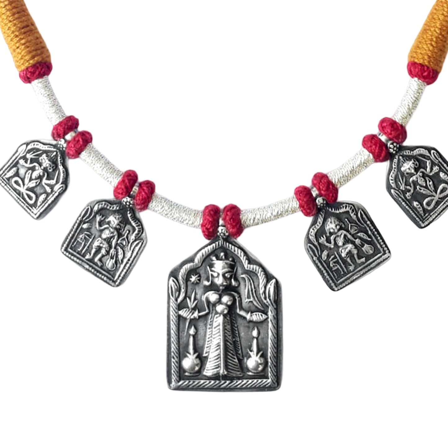 Devi Stamped Silver Amulet Necklace with Bandhai Threadwork