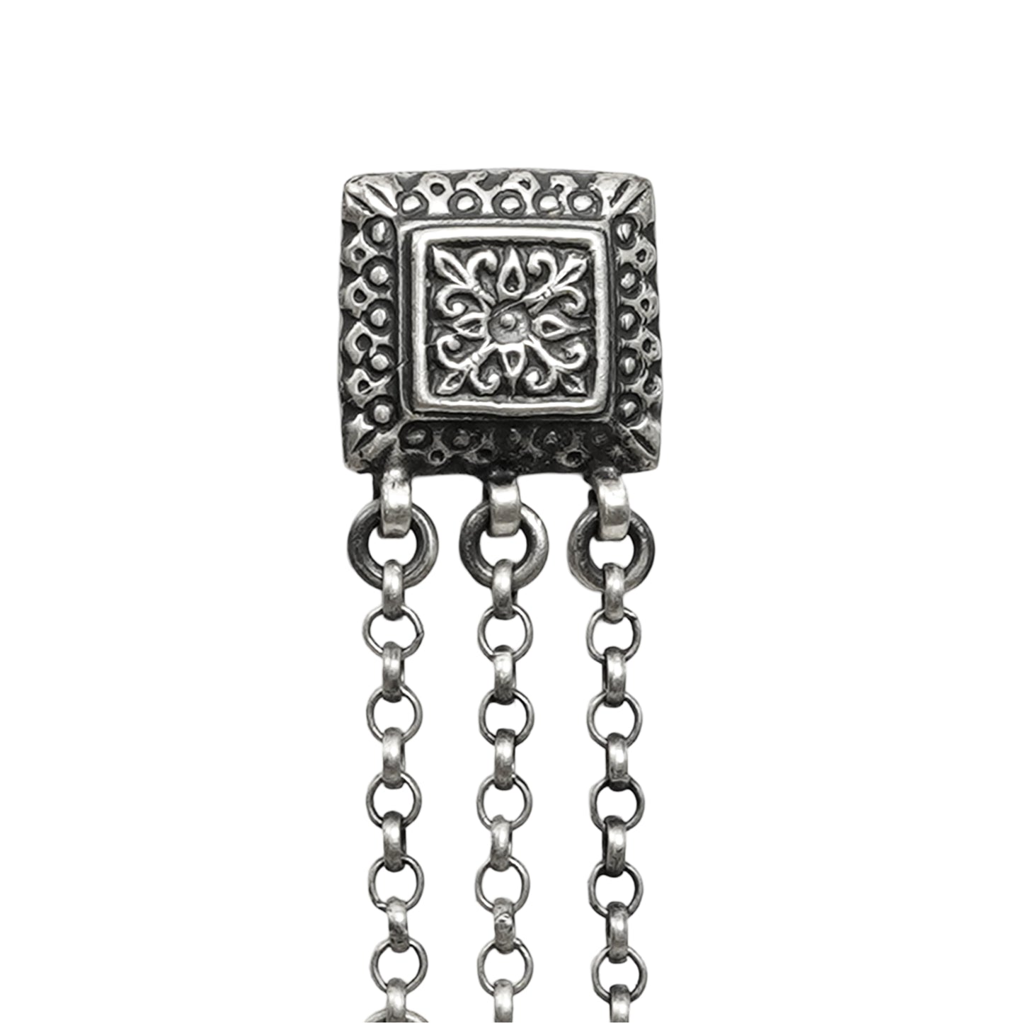 Taveez Handcrafted Stamped Silver Earrings with Chains & Ghungroos