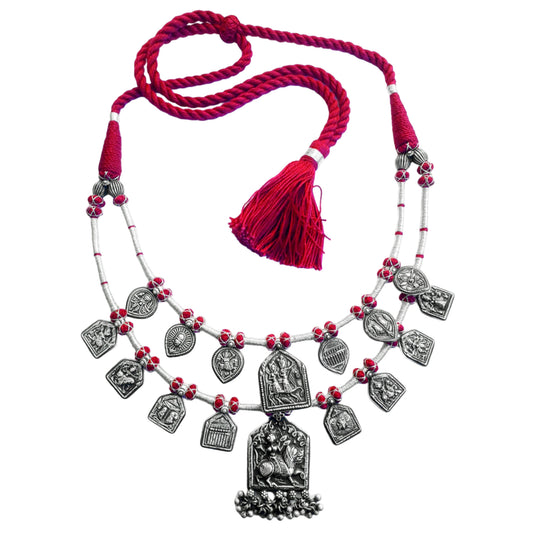 Devi Silver Handcrafted Beads Necklace with Stamped Silver Amulets and Ghungroos - Double Strand, Drawstring Closure