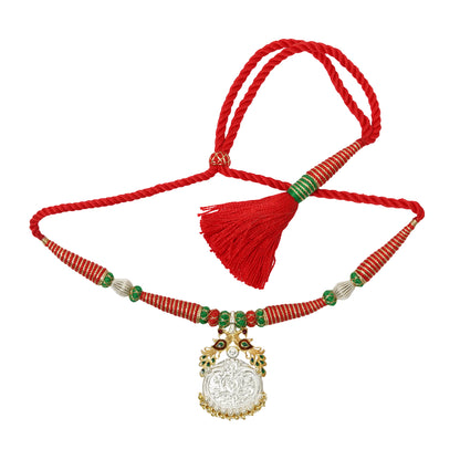 Phulwari Stamped Necklace with Silver Handcrafted Beads, Ghungroos & Meenakari Glass Enameling with Adjustible Drawstring
