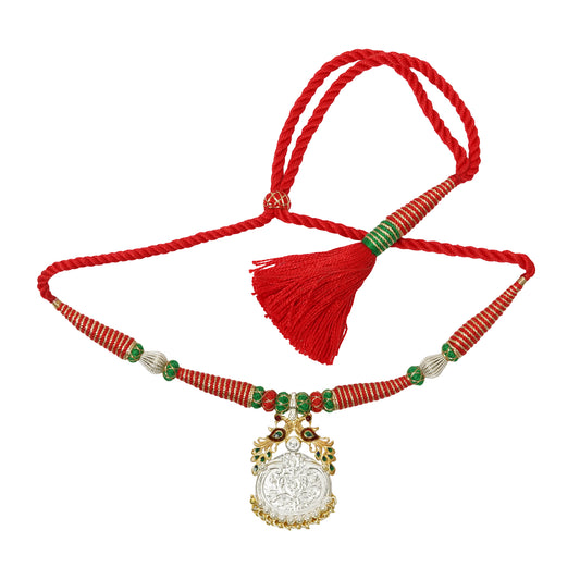 Phulwari Stamped Necklace with Silver Handcrafted Beads, Ghungroos & Meenakari Glass Enameling with Adjustible Drawstring
