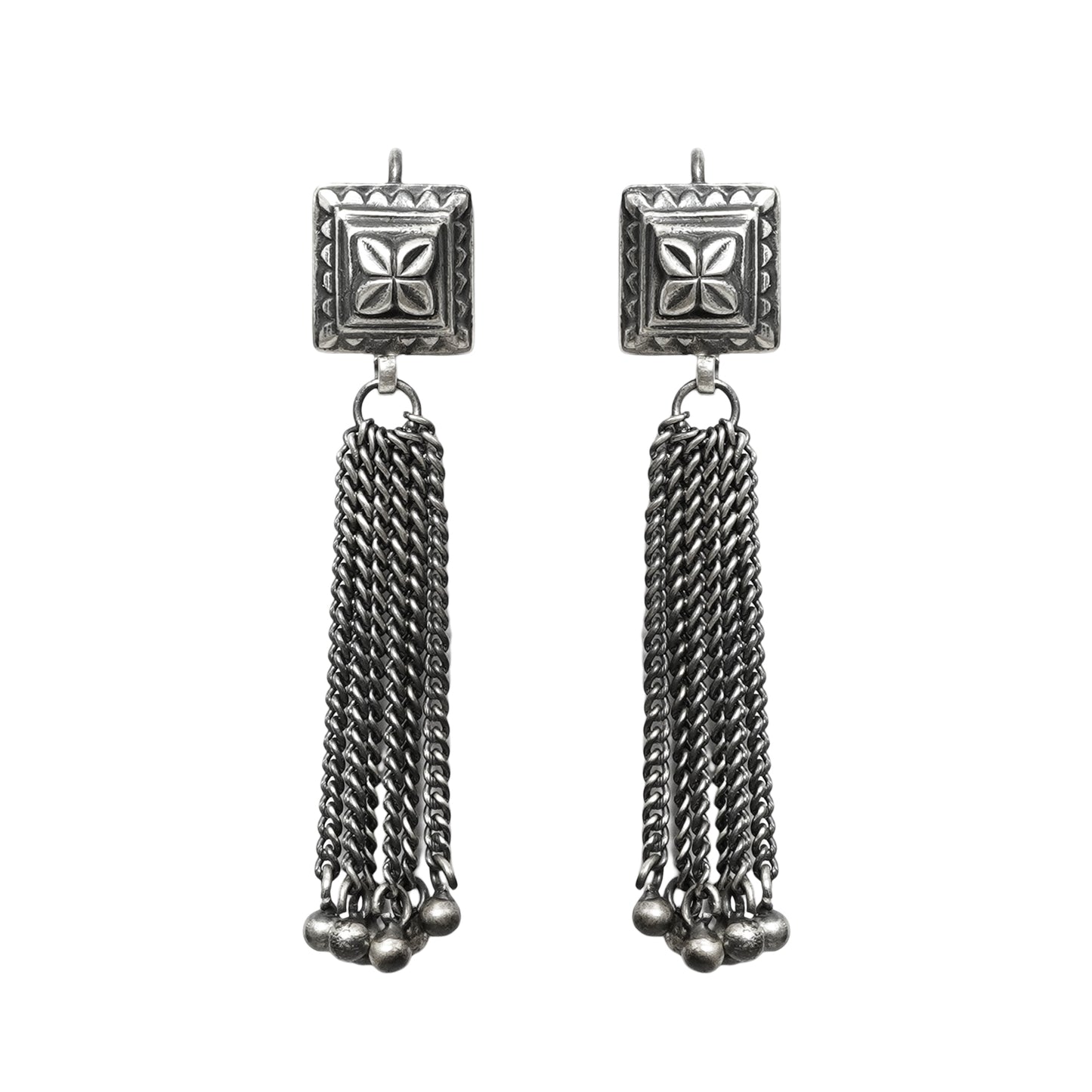 Taveez Handcrafted Stamped Silver Earrings with Chains & Ghungroos
