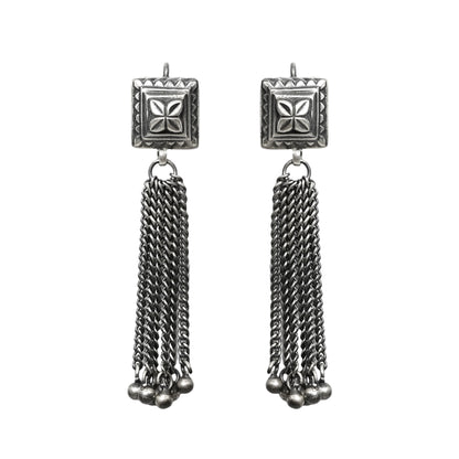 Taveez Handcrafted Stamped Silver Earrings with Chains & Ghungroos