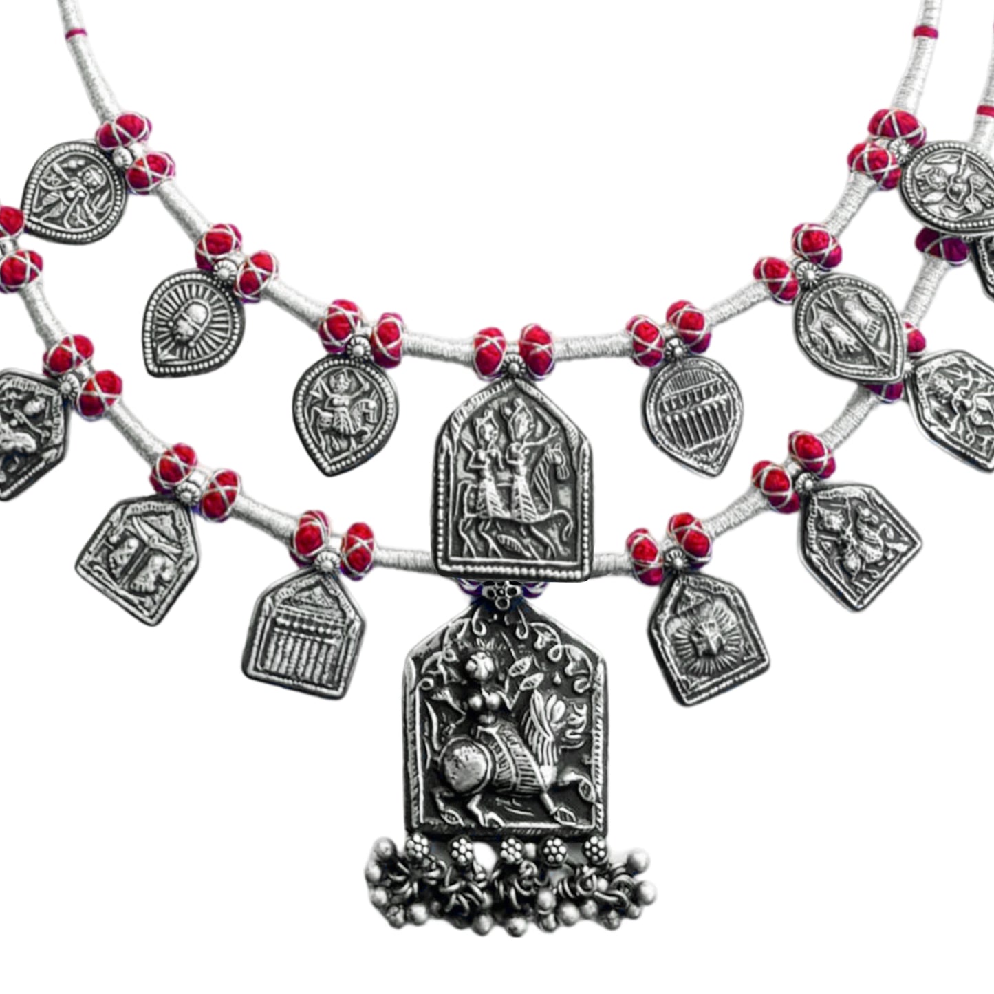 Devi Silver Handcrafted Beads Necklace with Stamped Silver Amulets and Ghungroos - Double Strand, Drawstring Closure