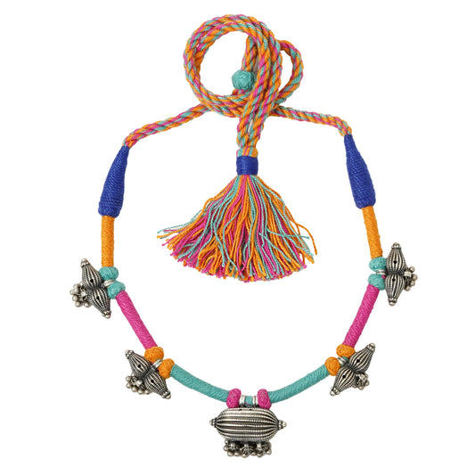 Rangeela Handmade Silver Necklace with Handcrafted Beads & Multicolored Bandhai Thread Work