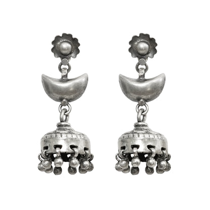 Sitara Handcrafted Stamped & Embossed Silver Jhumkas with Bead Detailing